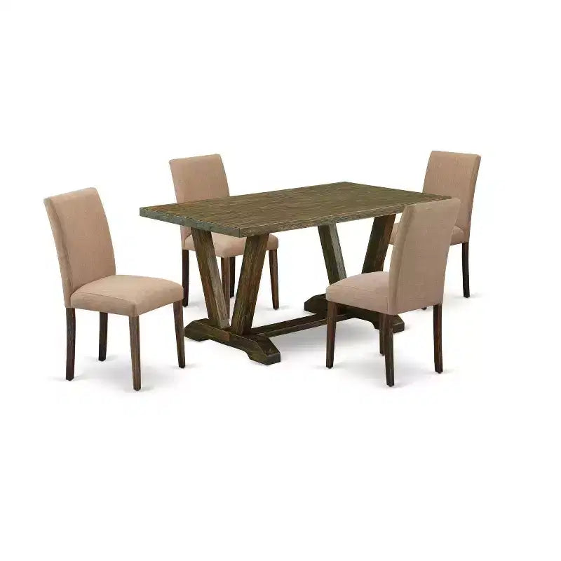 HomeStock 5-Pc Rectangle Distressed Jacobean Finish Solid Wood Top Dining Table with 4-Upholstered Chairs