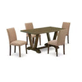 HomeStock 5-Pc Rectangle Distressed Jacobean Finish Solid Wood Top Dining Table with 4-Upholstered Chairs