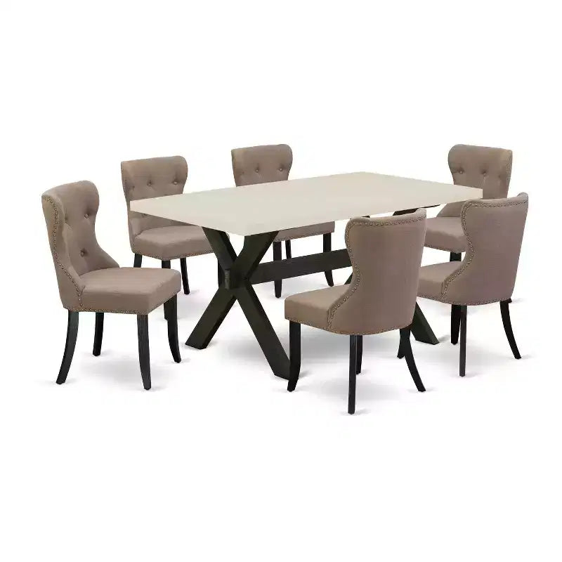 HomeStock 7-Pc Rectangle Natural Oak Finish Solid Wood Top Dining Table with 6 Chairs