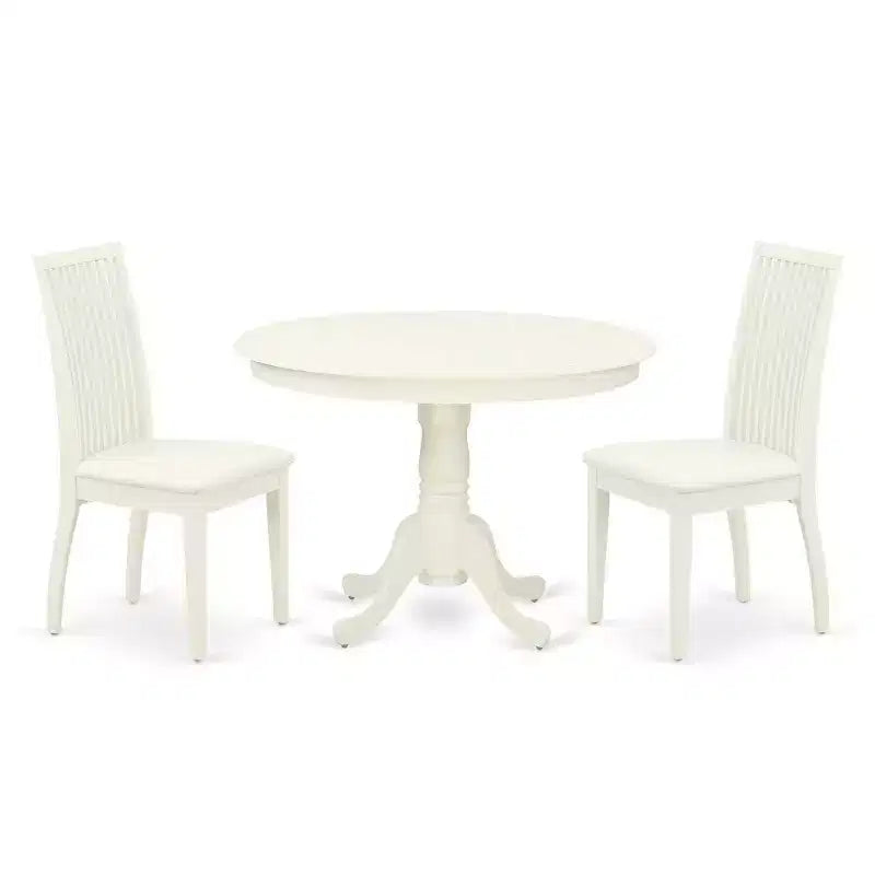 3-Piece Linen White Finish Solid Wood Top-Round Dining Room Set-Seats 4