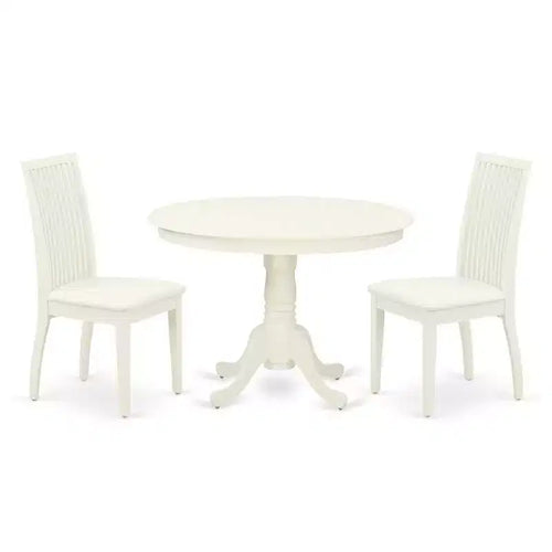 3-Piece Linen White Finish Solid Wood Top-Round Dining Room Set-Seats 4