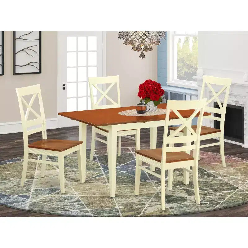 HomeStock 5-teiliges Esszimmer-Set aus massivem Holz, Buttermilch & Kirsche – für 4 Personen