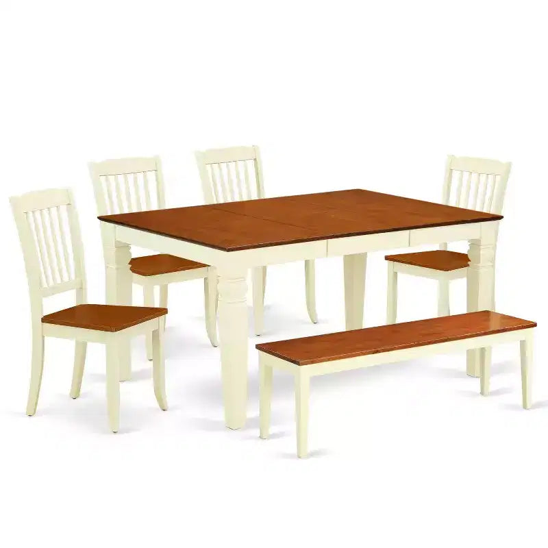 Beachy Boho Dining Set - 6Pc Rectangular Table & 4 Chairs Plus Bench - 42/60 Inch