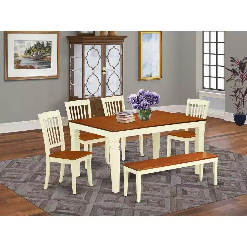 Essgruppe Strand-Boho – 6-teilig, rechteckiger Tisch und 4 Stühle plus Bank – 107/152 cm