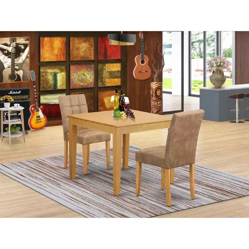 HomeStock 3-teiliges Esszimmerset aus massivem Holz mit naturfarbener brauner Eichenholzoberfläche und quadratischer Tischplatte – für 2 Personen