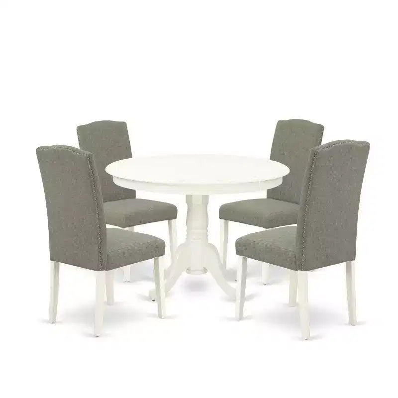 Round Dinette Set 5Pc - 42 Inch Table & 4 Chairs - Modern Kitchen Set - Linen White Legs - Dark Shitake Fabric