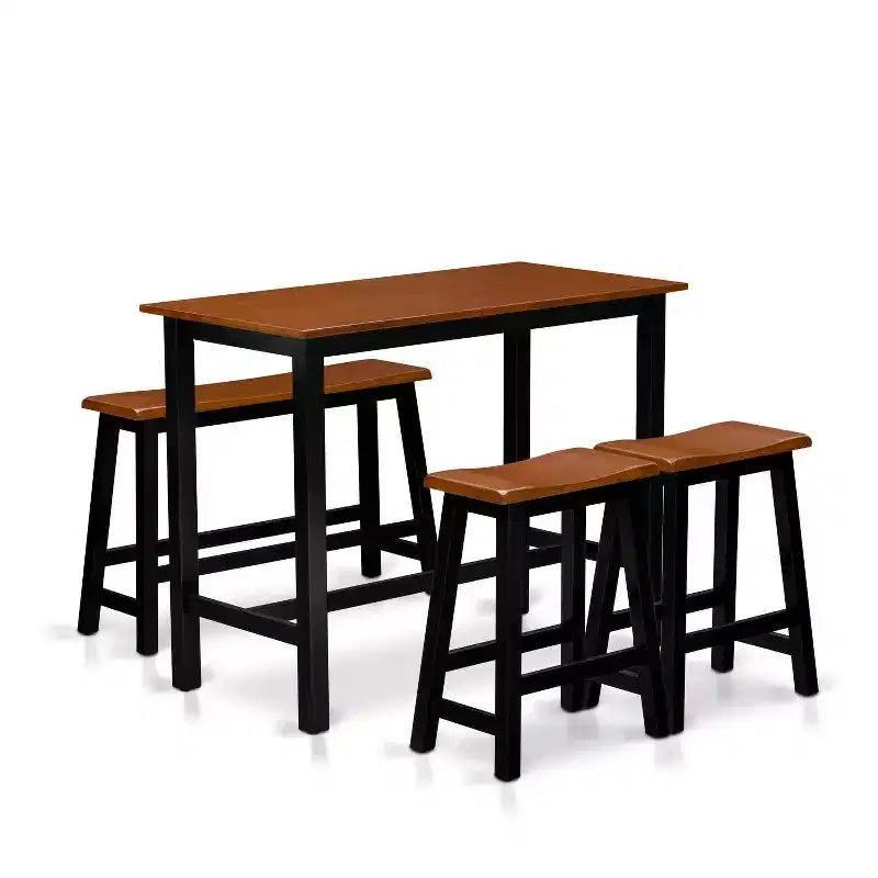 HomeStock 4-Piece Solid Wood Top Black & Cherry Finish Dining Table Set - a Dining Room Table, 2 Stools with a Bench