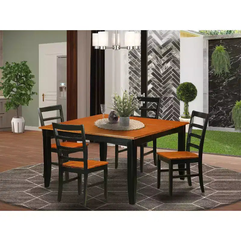 HomeStock 5-teiliger quadratischer Esstisch mit massiver Holzplatte in Schwarz und Kirschbaum-Finish mit 4 Stühlen