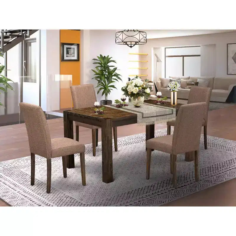HomeStock 5-teiliges rechteckiges Esszimmer-Set mit Bezug und Tischplatte aus massivem Holz, naturbraun lackiert – 4 Sitzplätze