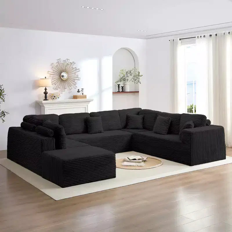 Mjkone 136 U-förmiges modulares Cord-Sofa, modernes 7-Sitzer-Tiefsitzsofa mit beweglichem Ottoman