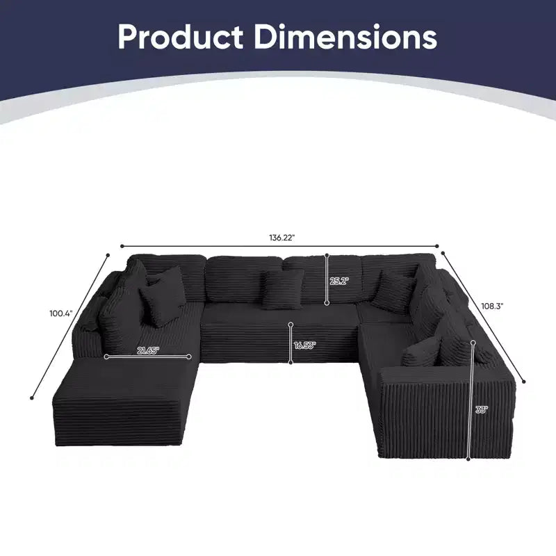 Mjkone 136 U-förmiges modulares Cord-Sofa, modernes 7-Sitzer-Tiefsitzsofa mit beweglichem Ottoman