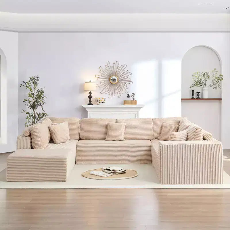 Mjkone 136 U-förmiges modulares Cord-Sofa, modernes 7-Sitzer-Tiefsitzsofa mit beweglichem Ottoman
