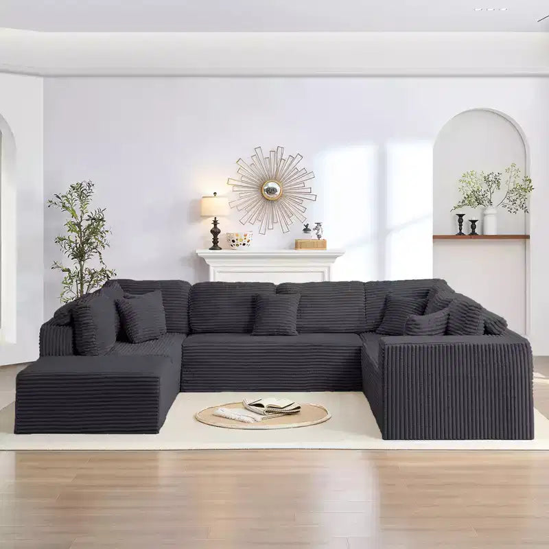 Mjkone 136 U-förmiges modulares Cord-Sofa, modernes 7-Sitzer-Tiefsitzsofa mit beweglichem Ottoman