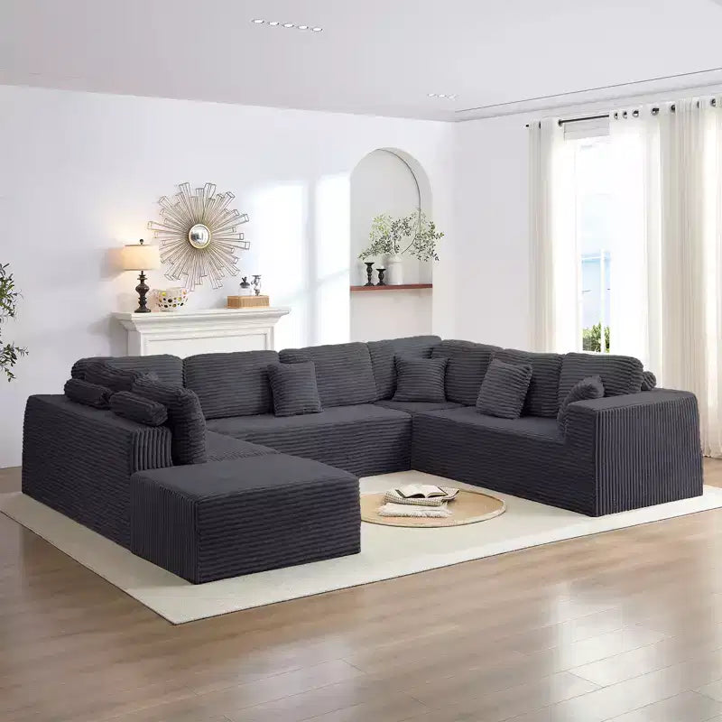 Mjkone 136 U-förmiges modulares Cord-Sofa, modernes 7-Sitzer-Tiefsitzsofa mit beweglichem Ottoman