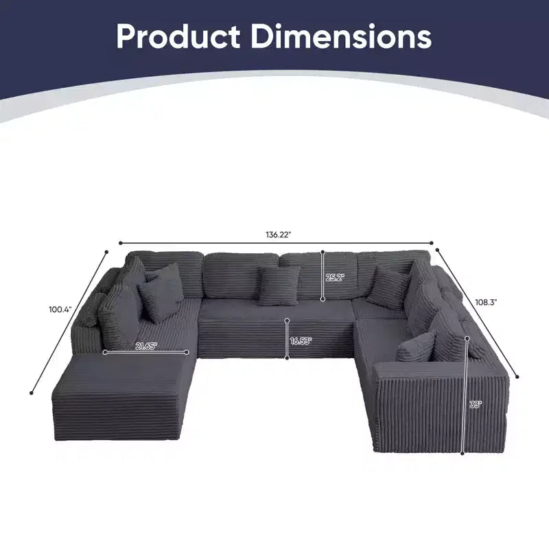 Mjkone 136 U-förmiges modulares Cord-Sofa, modernes 7-Sitzer-Tiefsitzsofa mit beweglichem Ottoman