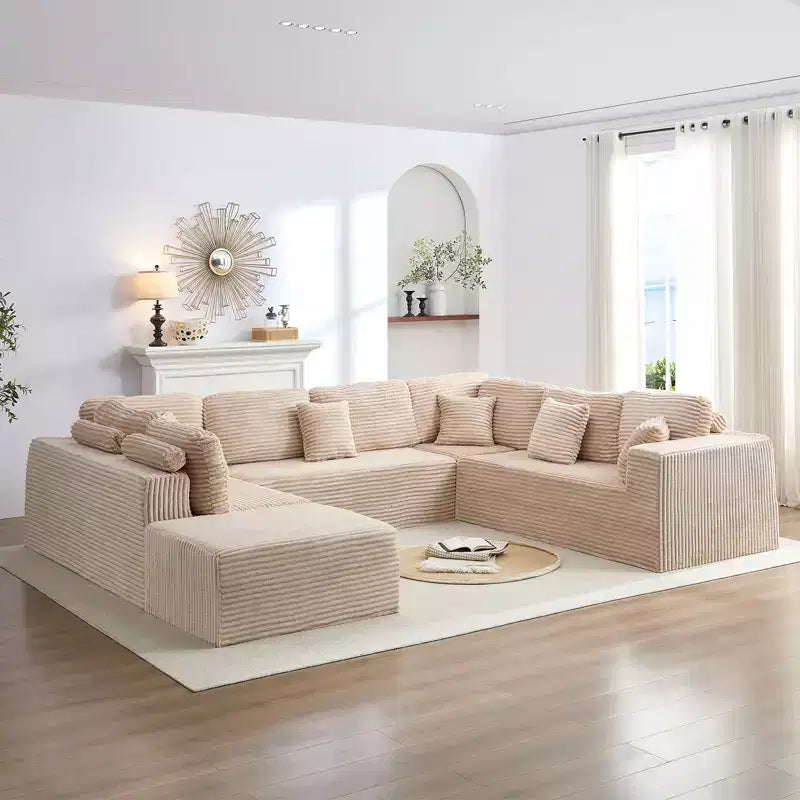 Mjkone 136 U-förmiges modulares Cord-Sofa, modernes 7-Sitzer-Tiefsitzsofa mit beweglichem Ottoman