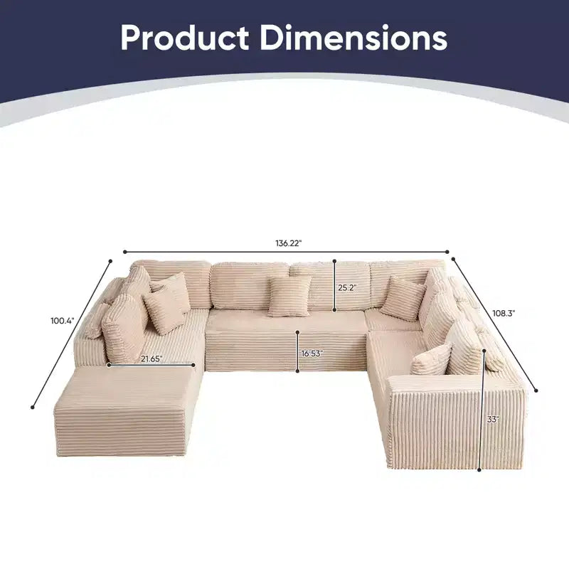 Mjkone 136 U-förmiges modulares Cord-Sofa, modernes 7-Sitzer-Tiefsitzsofa mit beweglichem Ottoman