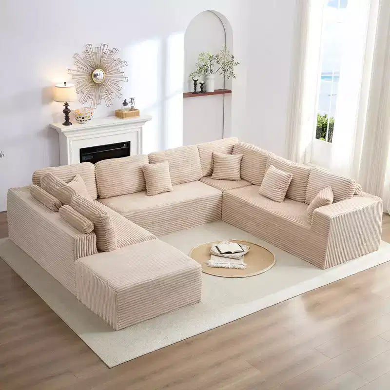 Mjkone 136 U-Shaped Modular Corduroy Sectional Sofa,Modern 7-Seater Deep Seats Sofa with Movable Ottoman