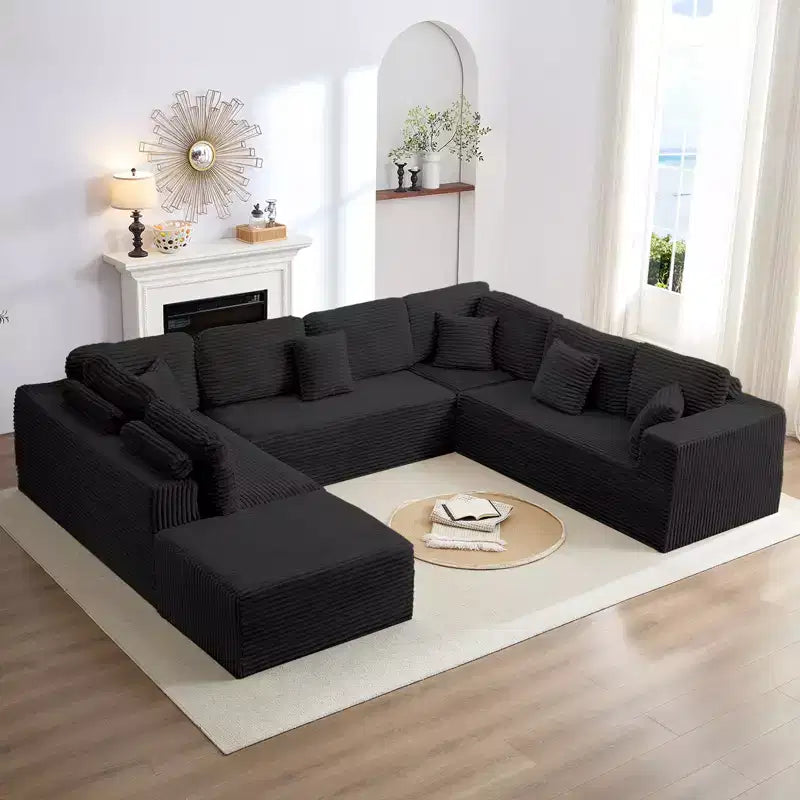 Mjkone 136 U-förmiges modulares Cord-Sofa, modernes 7-Sitzer-Tiefsitzsofa mit beweglichem Ottoman
