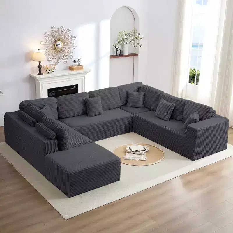 Mjkone 136 U-förmiges modulares Cord-Sofa, modernes 7-Sitzer-Tiefsitzsofa mit beweglichem Ottoman