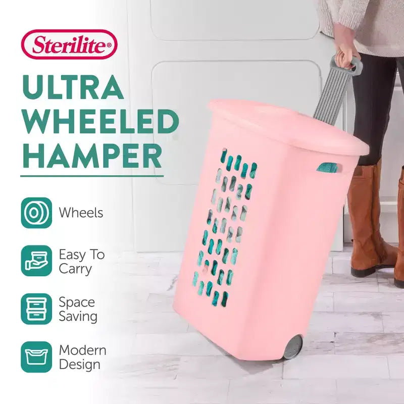 Sterilite Ultra Rollwäschekorb, Wäschekorb mit Deckel und Griff, Pink Frost, 3er-Pack
