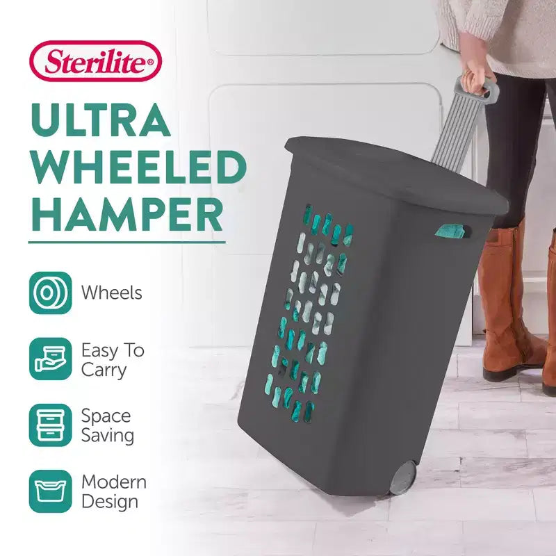 Sterilite Ultra Wäschekorb auf Rollen, mit Deckel und Griff, Flachgrau, 3er-Pack