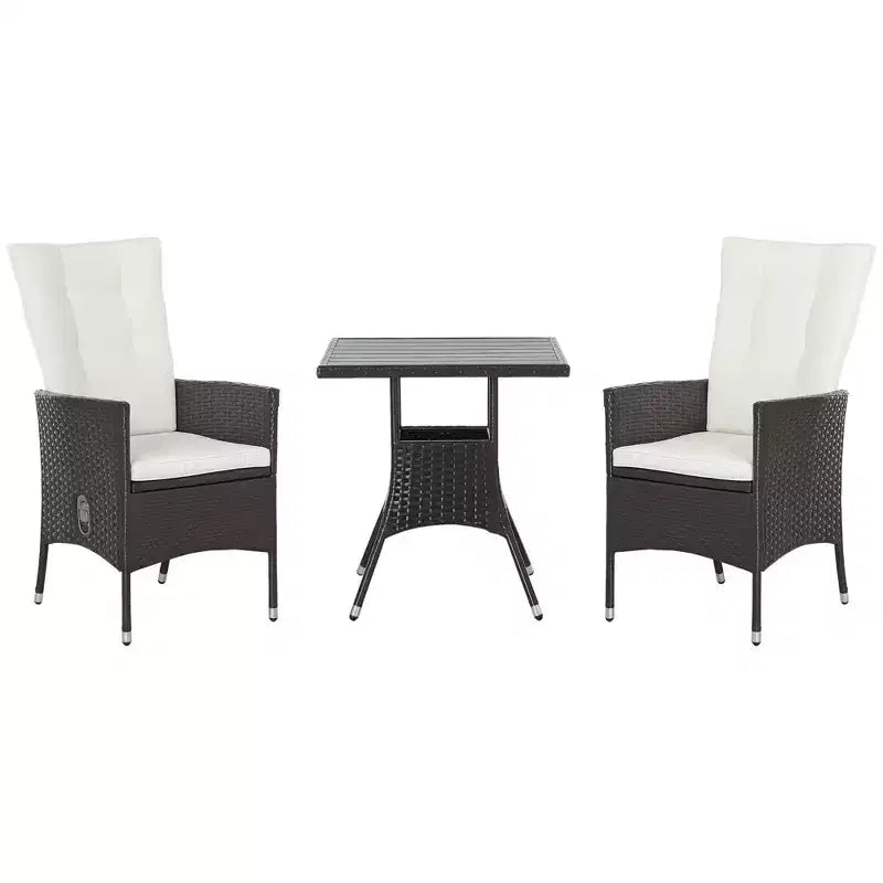 3 Piece Patio Bistro Set, PE Wicker Furniture Conversation Set w/ Tufted Cushion Reclining Chairs & Coffee Table
