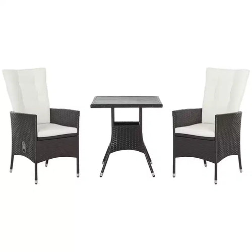 3 Piece Patio Bistro Set, PE Wicker Furniture Conversation Set w/ Tufted Cushion Reclining Chairs & Coffee Table