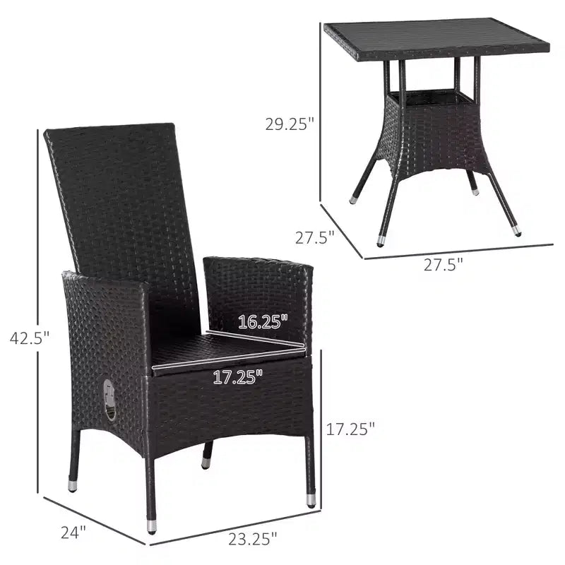 3-teiliges Terrassen-Bistro-Set, PE-Rattan-Gartenmöbel-Konversationsset mit getufteten, verstellbaren Stühlen und Couchtisch