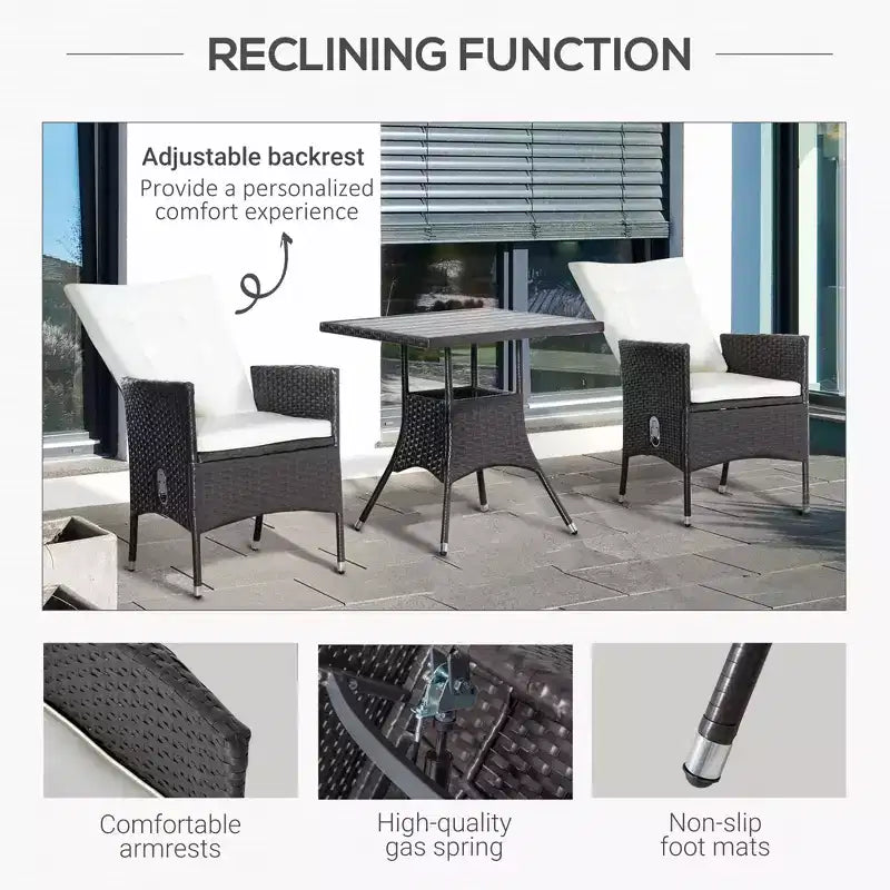 3-teiliges Terrassen-Bistro-Set, PE-Rattan-Gartenmöbel-Konversationsset mit getufteten, verstellbaren Stühlen und Couchtisch