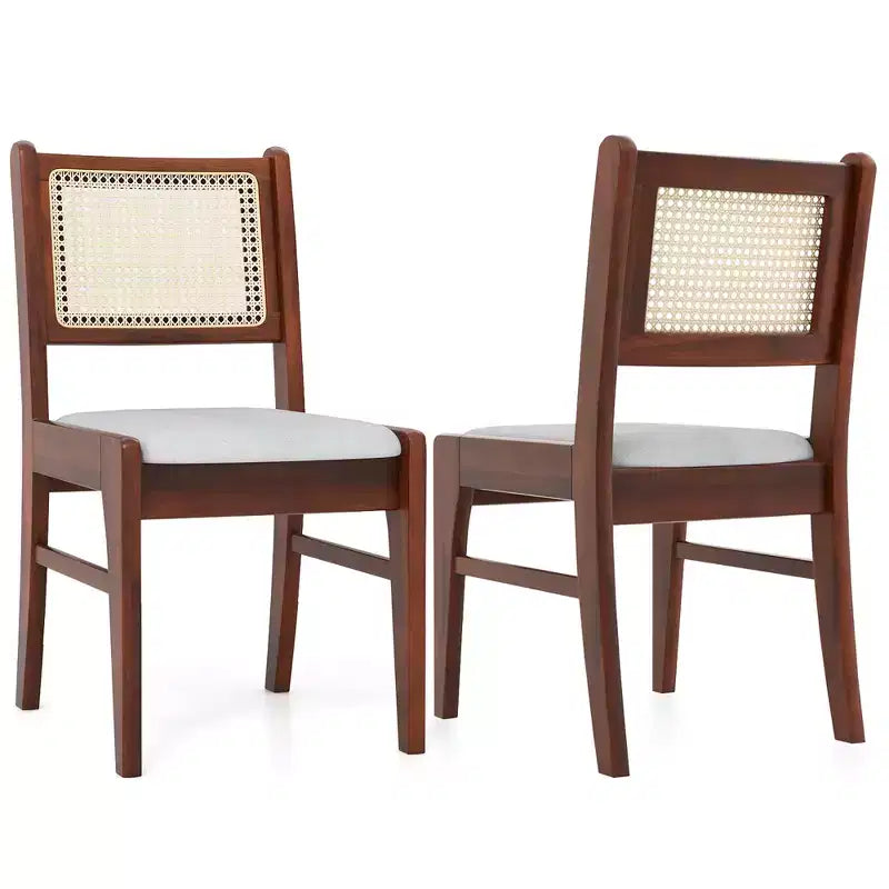 Costway 2PCS Rattan Dining Chairs Upholstered Kitchen Chairs w/ Rubber Wood Frame