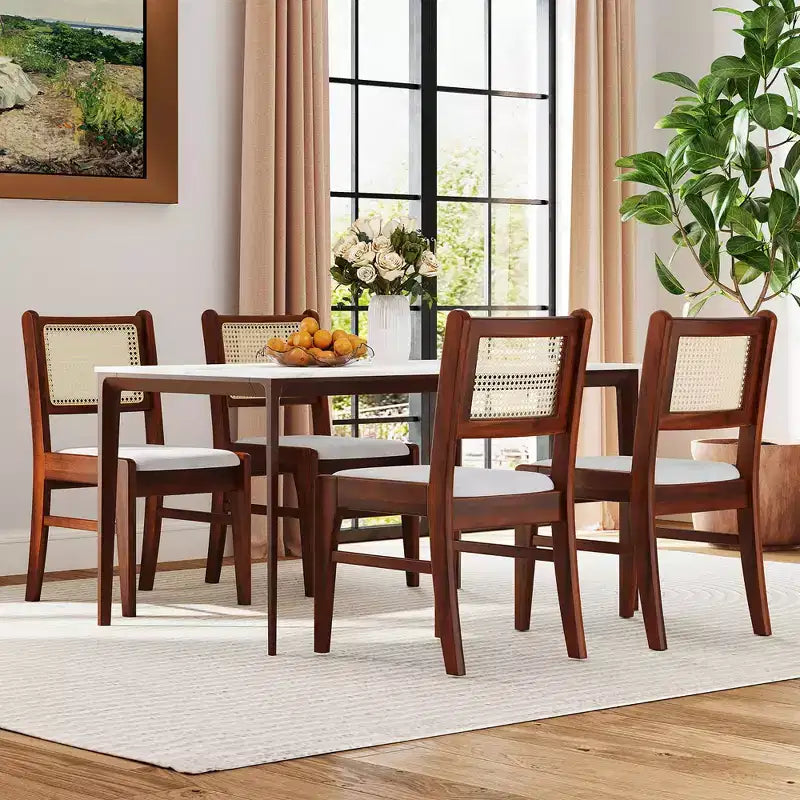 Costway 2er Set Esszimmerstühle aus Rattan, gepolsterte Küchenstühle mit Gummibaumholzrahmen