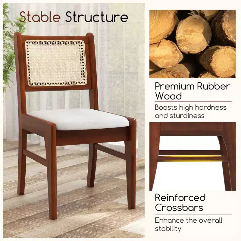 Costway 2er Set Esszimmerstühle aus Rattan, gepolsterte Küchenstühle mit Gummibaumholzrahmen