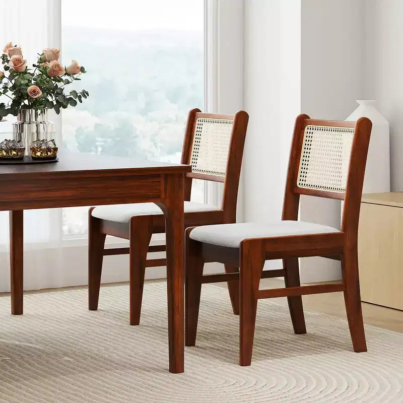 Costway 2er Set Esszimmerstühle aus Rattan, gepolsterte Küchenstühle mit Gummibaumholzrahmen