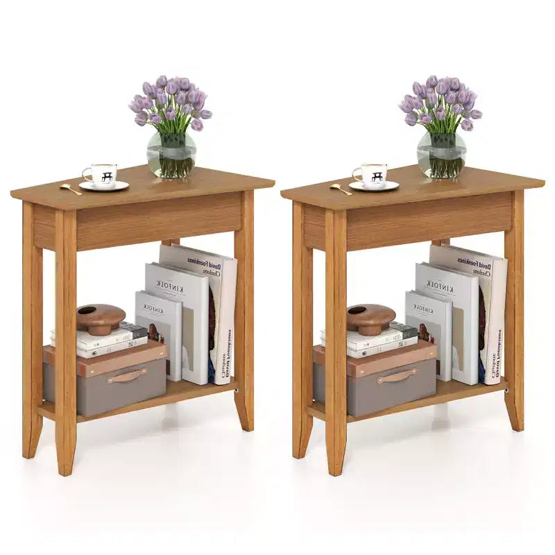 Costway 2 PCS End Table Irregular Narrow Sofa Side Nightstand w/ Storage Shelf Walnut