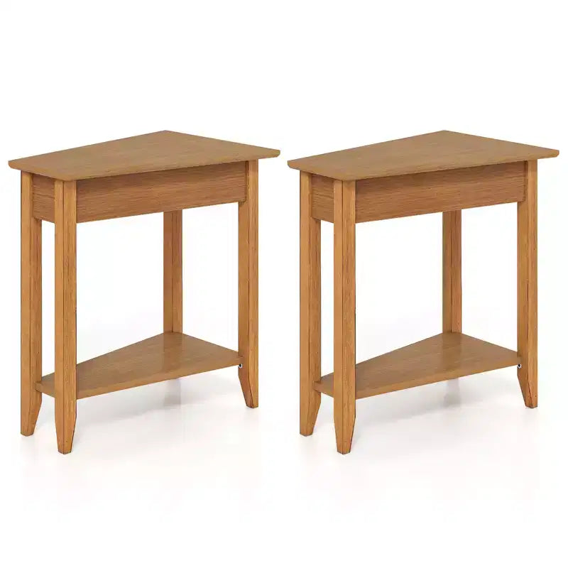Costway 2er-Set Beistelltische, unregelmäßig geformt, schmal, für Sofa und Nacht, mit Ablagefach, Nussbaum