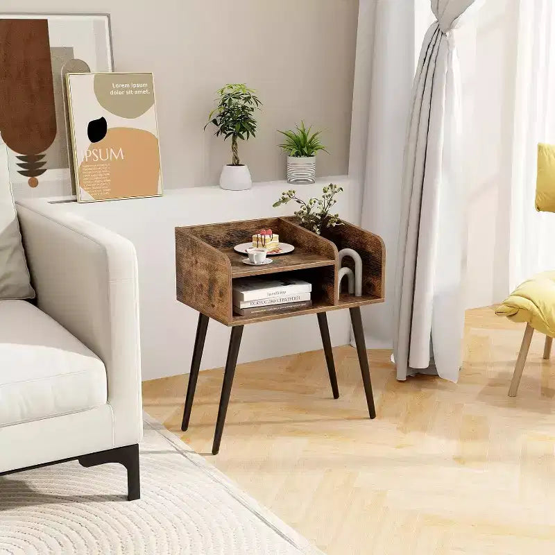 Costway 2er-Set Beistelltische im Mid-Century Modern Stil mit offenen Ablagen und Metallbeinen