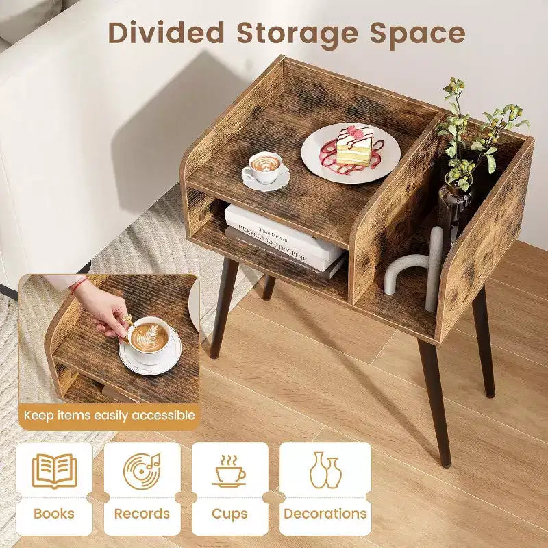 Costway 2er-Set Beistelltische im Mid-Century Modern Stil mit offenen Ablagen und Metallbeinen