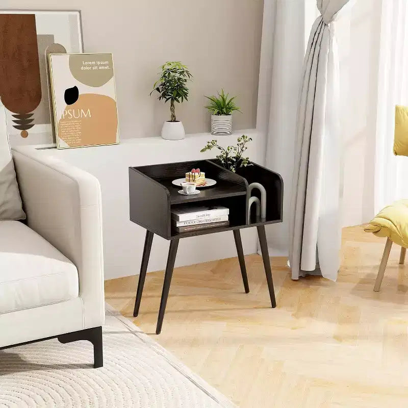 Costway 2er-Set Beistelltische im Mid-Century Modern Stil mit offenen Ablagen und Metallbeinen