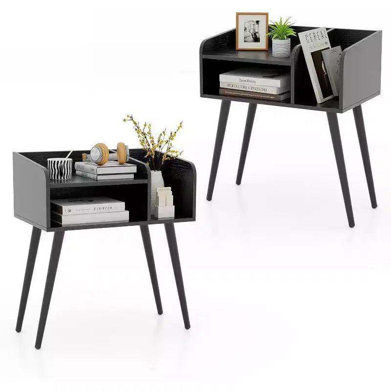 Costway Set of 2 Mid Century Modern End Table w/ Open Shelves Metal Support Legs