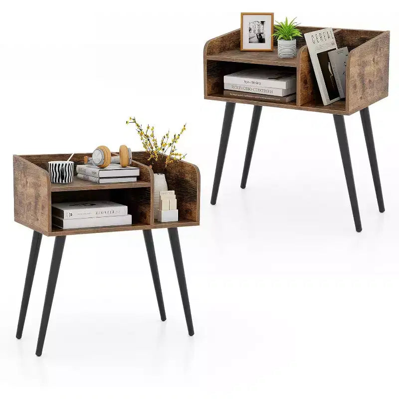 Costway 2er-Set Beistelltische im Mid-Century Modern Stil mit offenen Ablagen und Metallbeinen