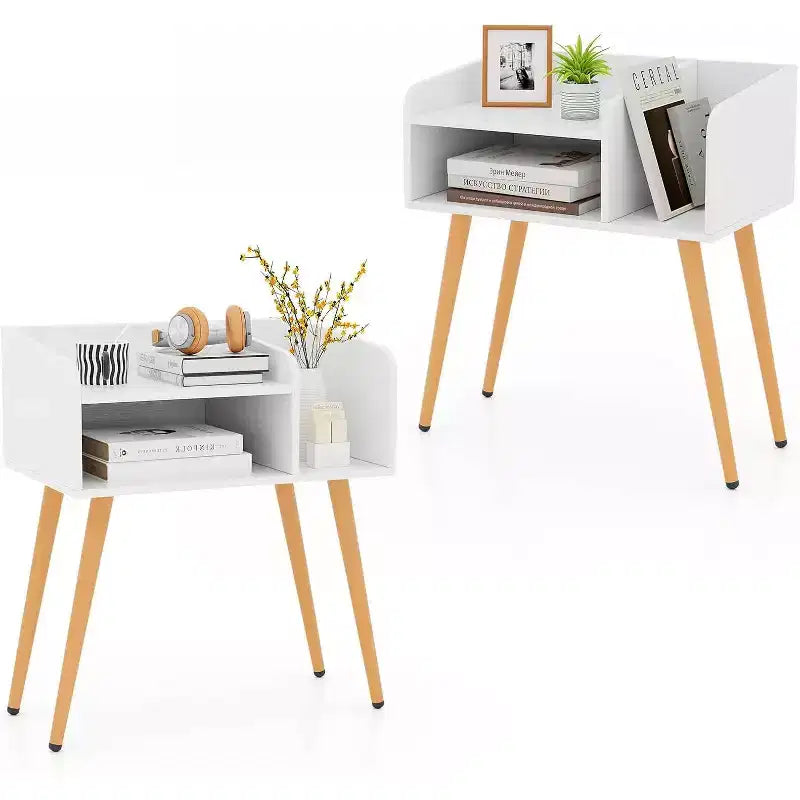 Costway 2er-Set Beistelltische im Mid-Century Modern Stil mit offenen Ablagen und Metallbeinen