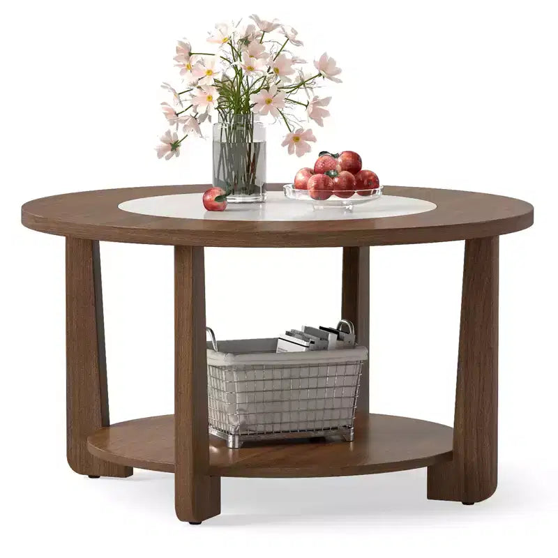 Costway Round Coffee Table w/ 2-Tone Tabletop & Open Storage Shelf Wood Support Legs