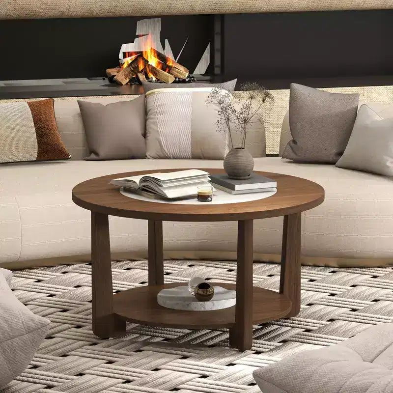 Costway Runder Couchtisch mit zweifarbiger Tischplatte & offener Ablage Holzstützbeine