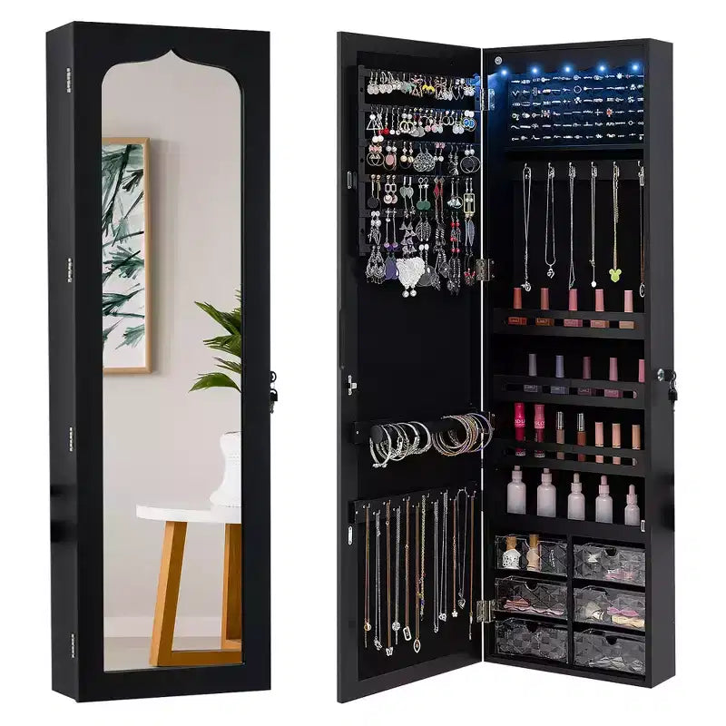 Costway Jewelry Armoire w/ Full-Length Mirror w/ Built-in LED Lights Hooks Shelves