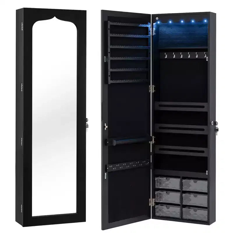 Costway Schmuckschrank mit Ganzkörperspiegel und eingebauten LED-Leuchten, Haken und Regalen