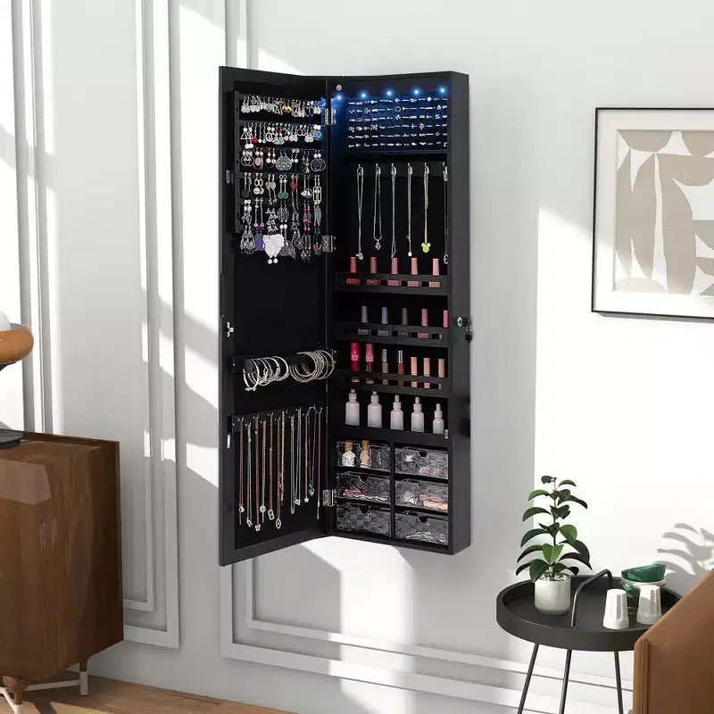 Costway Schmuckschrank mit Ganzkörperspiegel und eingebauten LED-Leuchten, Haken und Regalen