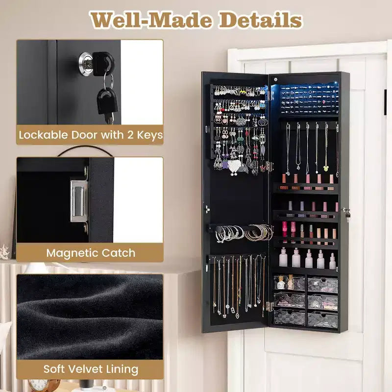 Costway Schmuckschrank mit Ganzkörperspiegel und eingebauten LED-Leuchten, Haken und Regalen