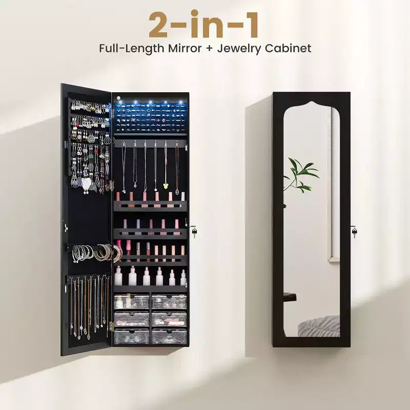 Costway Schmuckschrank mit Ganzkörperspiegel und eingebauten LED-Leuchten, Haken und Regalen