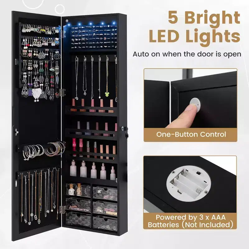 Costway Schmuckschrank mit Ganzkörperspiegel und eingebauten LED-Leuchten, Haken und Regalen